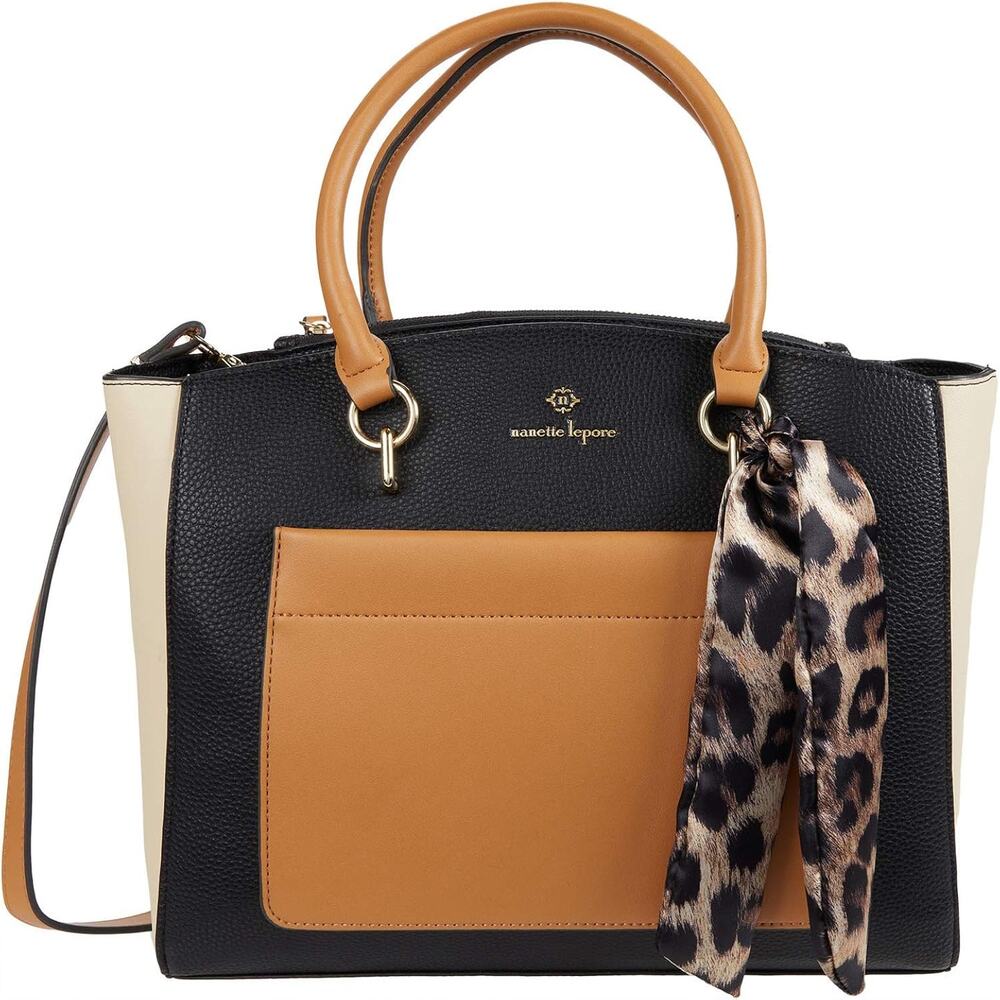 2-Nanette Lepore Bags 1-Crossbody 1-Satchel Tan Black Cream w/ Leopard Feature - Picture 4 of 11